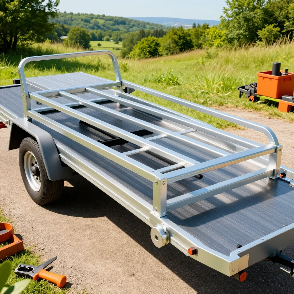 A lightweight steel trailer cargo rack showcased in a bright outdoor setting, highlighting DIY fabrication tools around it.