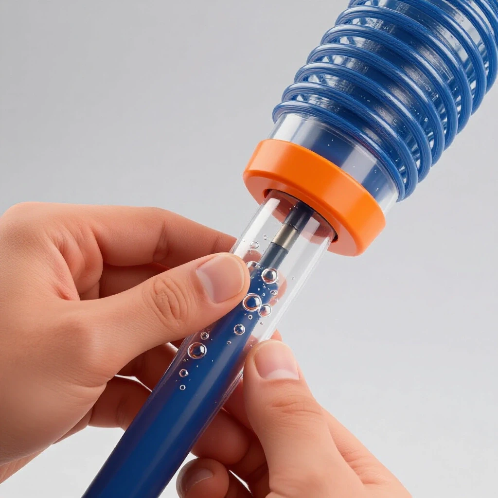 Close-up of mechanic's hands manipulating a blue air line with visible air bubbles, showcasing a sealing repair process.