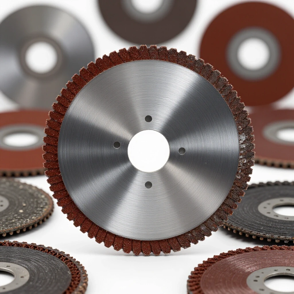 A shiny steel grinding disc in a close-up with a blurred background of various grinding discs of different wear states.