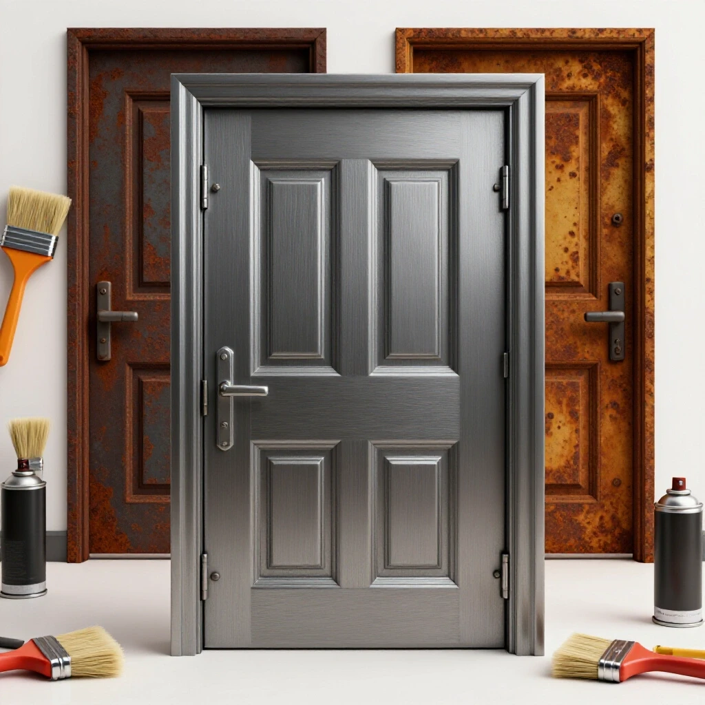 Close-up of a polished metal door contrasting against a rusty door, with maintenance tools artfully arranged around it.