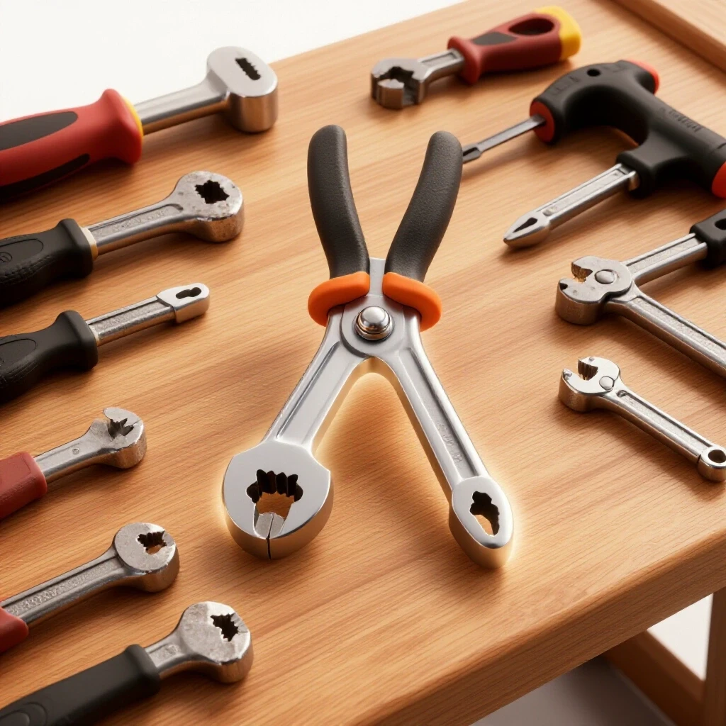 Displaying a gleaming toolset on a wooden workbench emphasizing investment value with worn tools in the background.