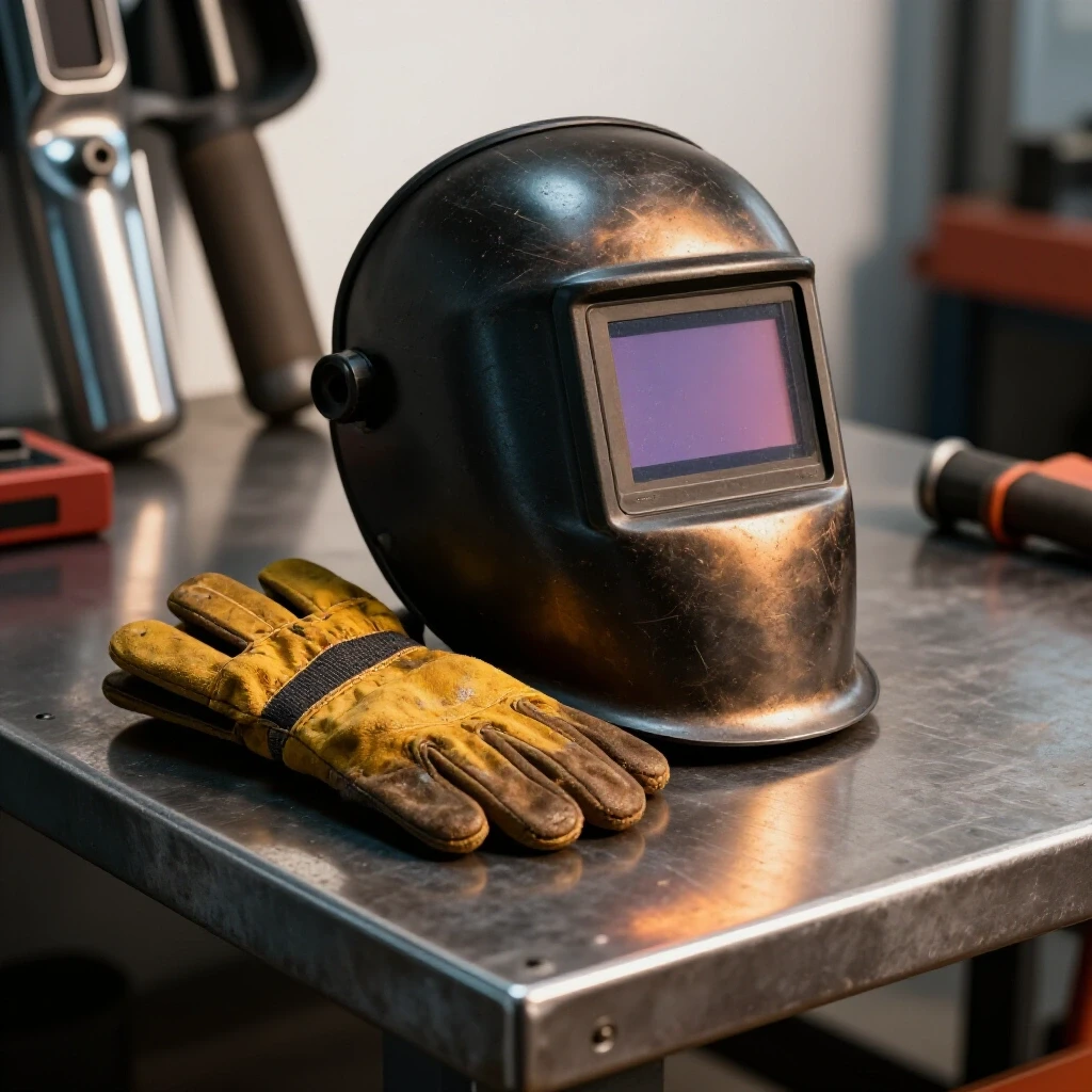 A well-worn welding helmet and gloves on a steel workbench, contrasting with shiny new welding gear in the background.