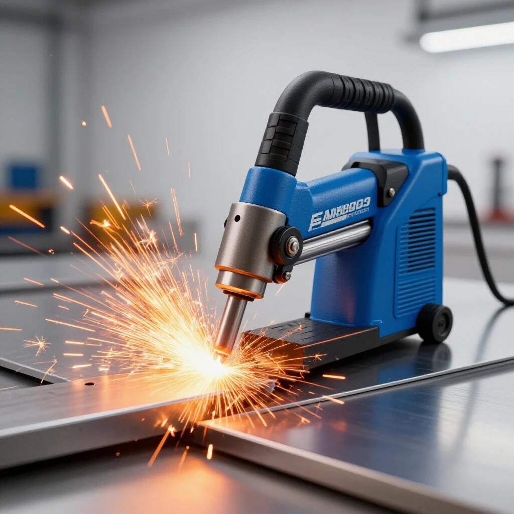 A plasma cutter cutting metal sheet with sparks flying in a bright workshop environment.