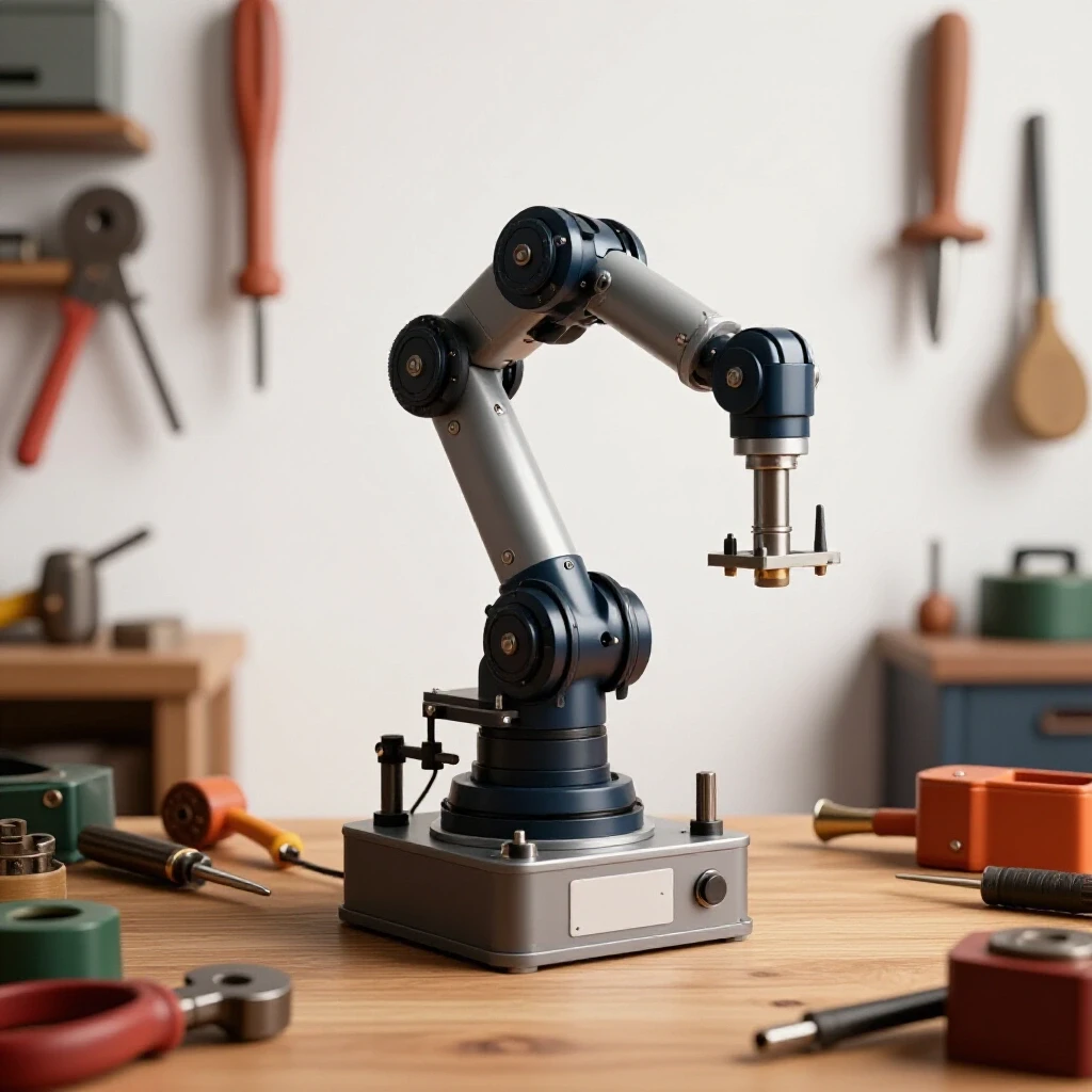 A small workshop showcasing a DIY robotic arm amidst traditional tools, highlighting modern automation.