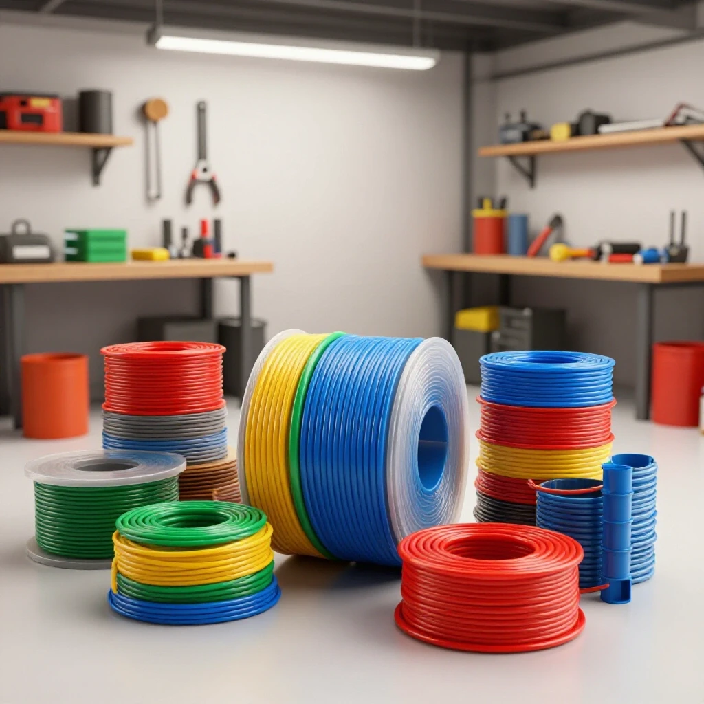 A vibrant garage workshop showcasing electrical materials and tools, highlighting cost-effective solutions.