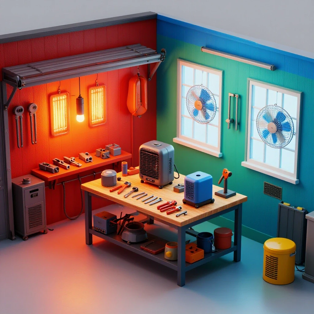 A split-image showing a vibrant hot garage workshop contrasted with a cooler side featuring airflow solutions.