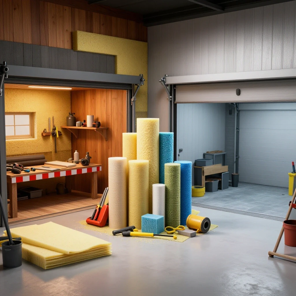 A contrast of an insulated warm garage workshop and a cold uninsulated workshop filled with DIY insulation tools and materials.
