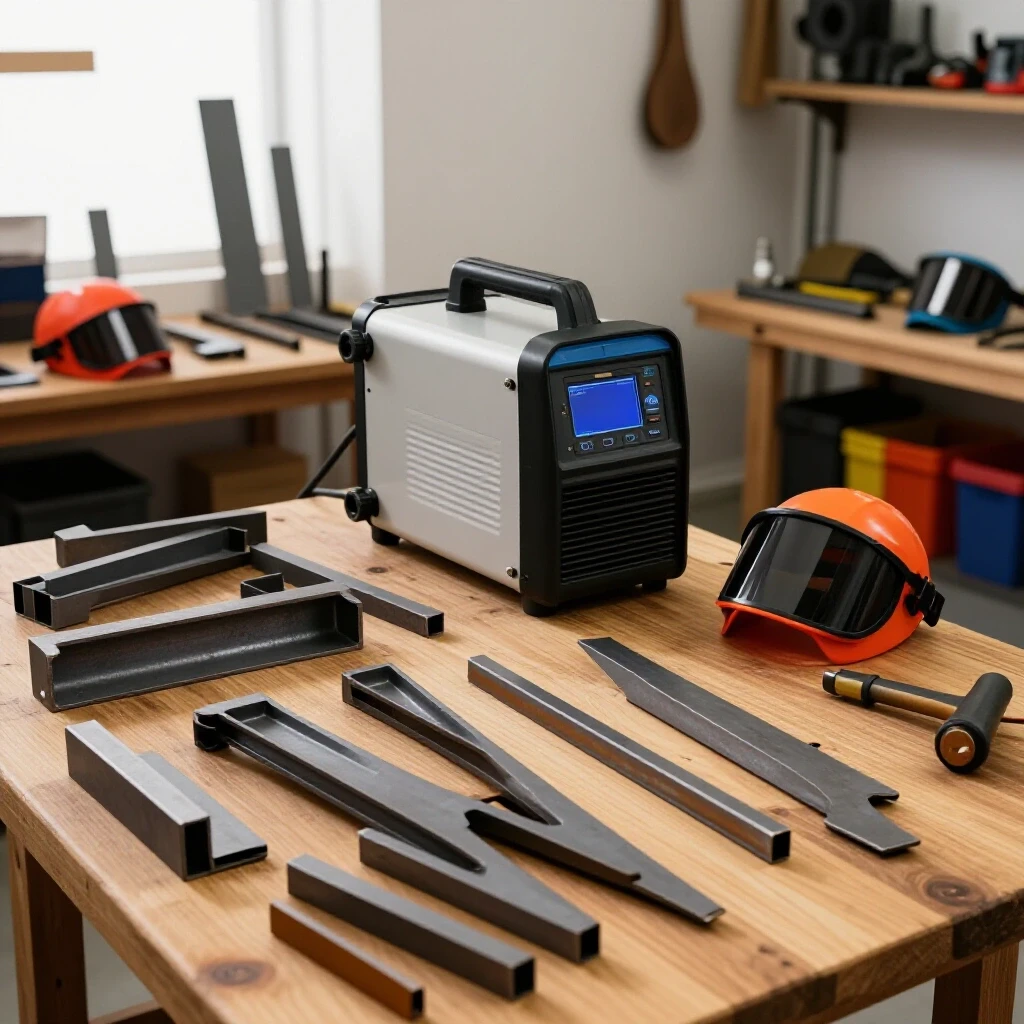 A vibrant workshop with scrap steel pieces on a wooden workbench showcasing a welding machine and safety gear.
