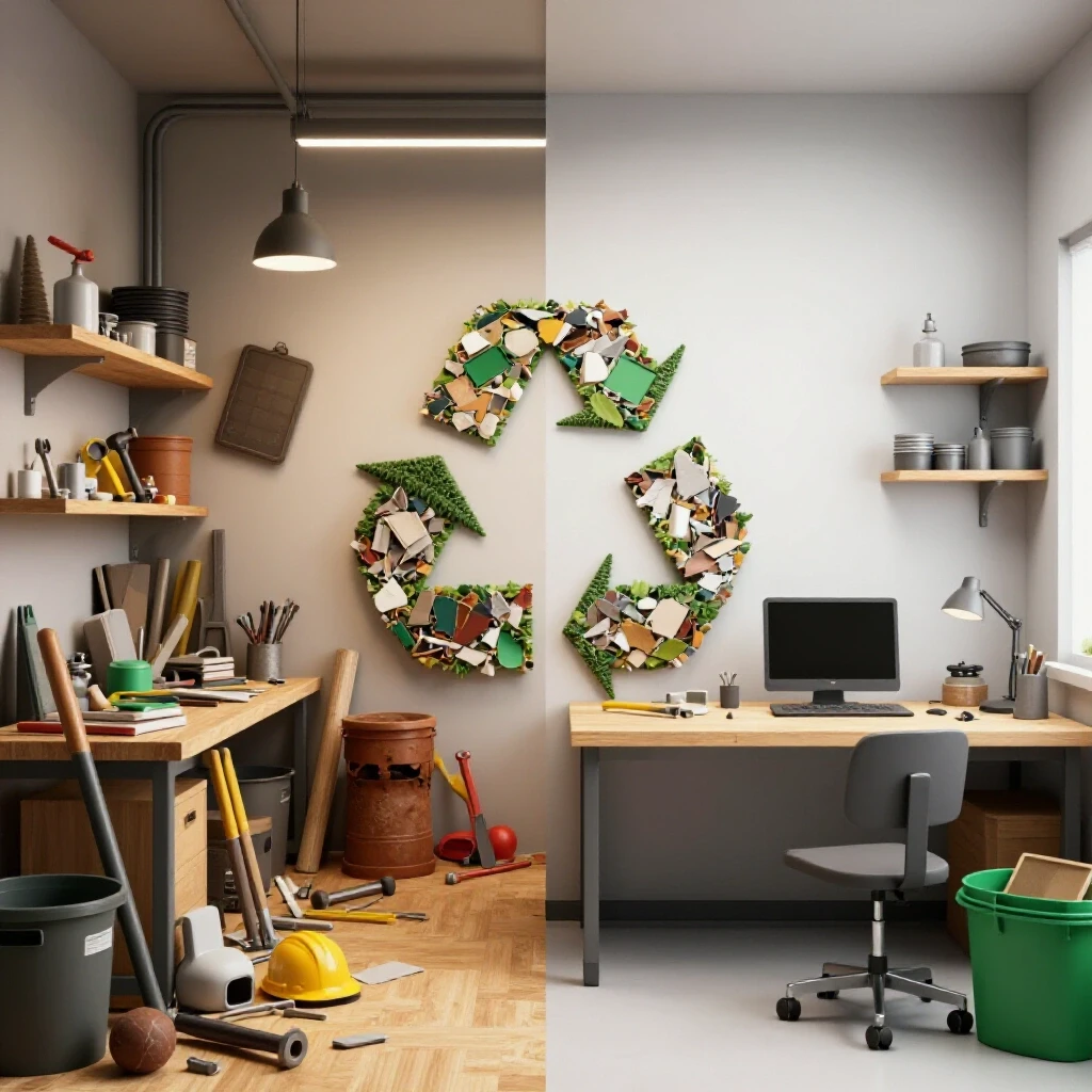 A polished 3D-rendered image showing a cluttered workshop and a clean workspace, highlighting material efficiency and waste reduction.