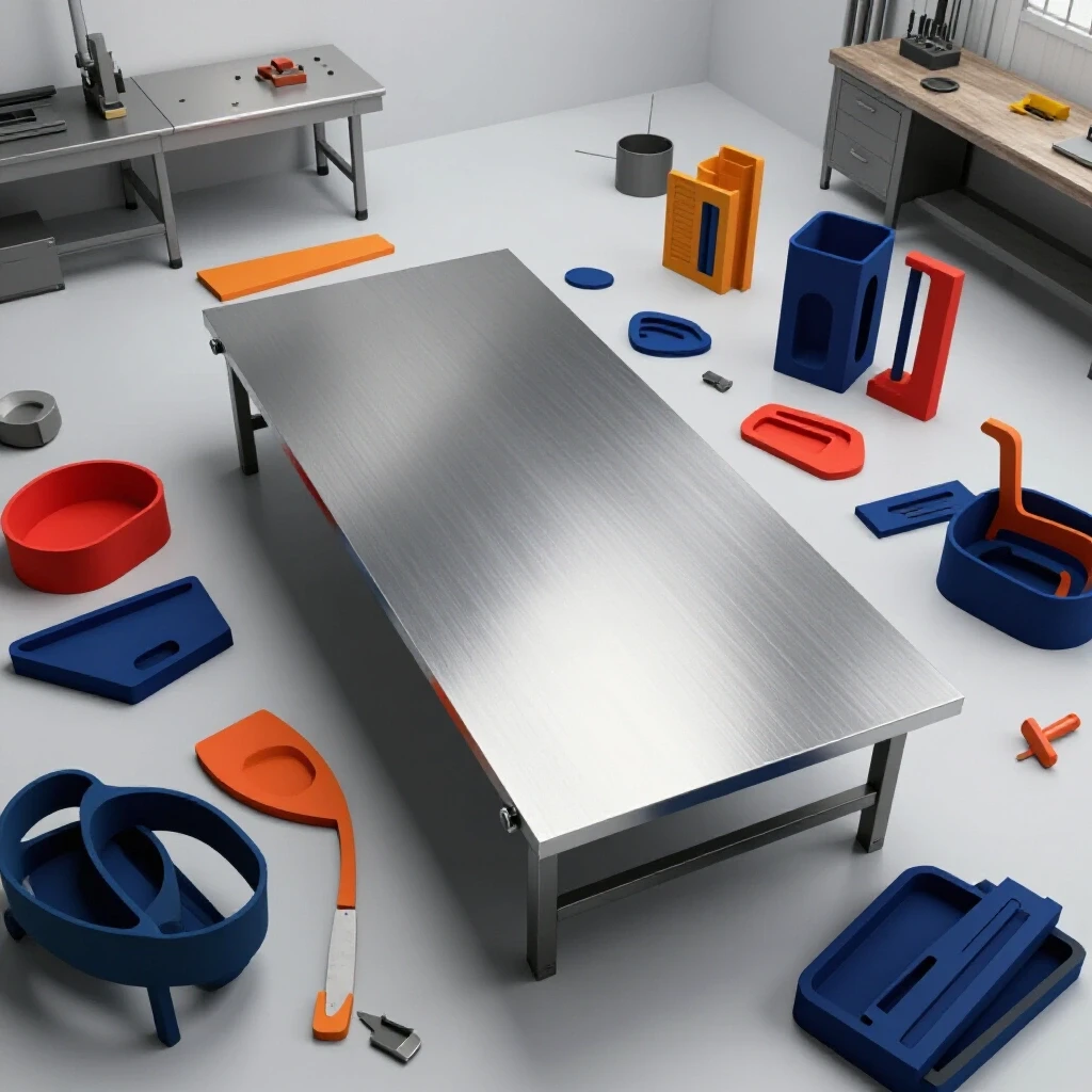 A bright metalworking workspace with a central steel sheet and vibrant offcuts turned into creative DIY projects, showcasing resourcefulness.