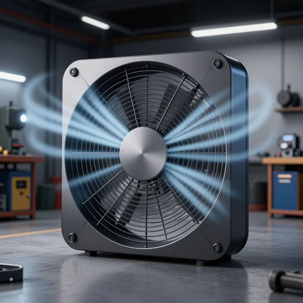 A modern exhaust fan in a garage workshop setting, illustrating low noise design amidst welding equipment.
