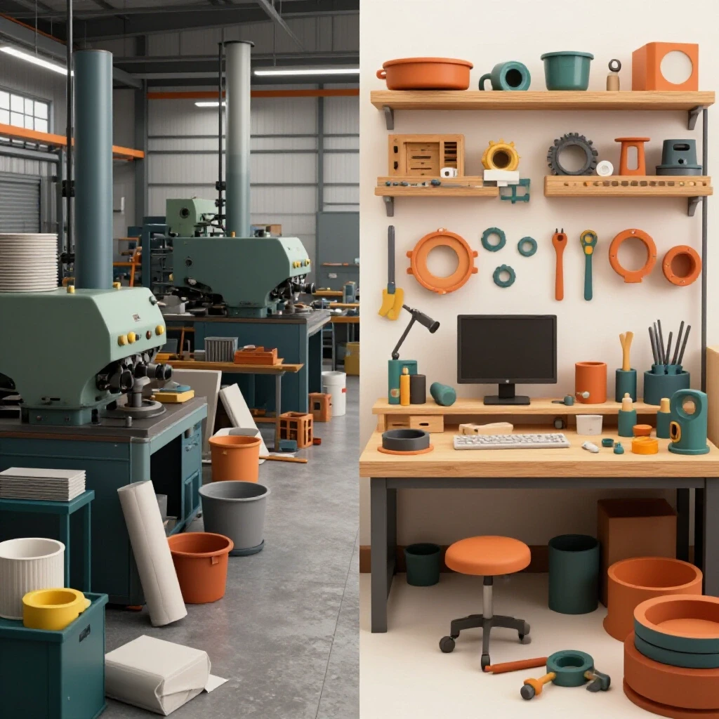 A split image showing a cluttered factory with expensive machinery and a tidy DIY workspace with custom parts and tools.