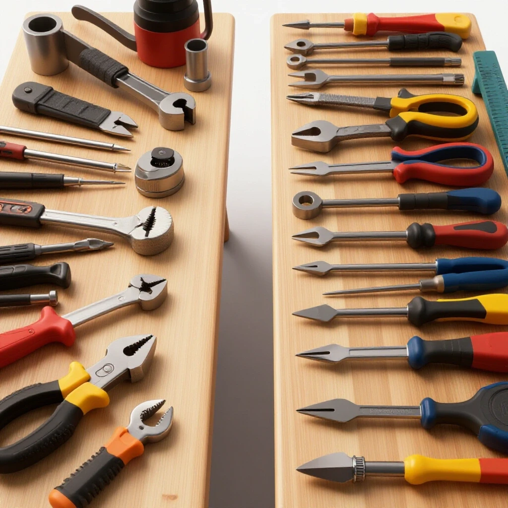 A visually striking comparison of a cluttered workbench and organized machine shop tools, showcasing efficiency.