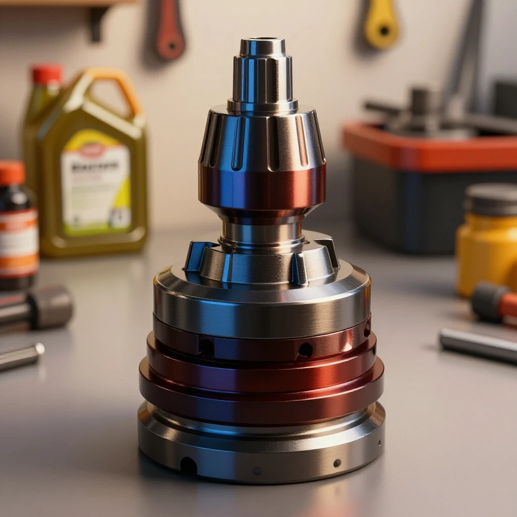 Close-up of a shiny machine tool showcasing oil cans and workshop tools in a blurred background, emphasizing lubrication.