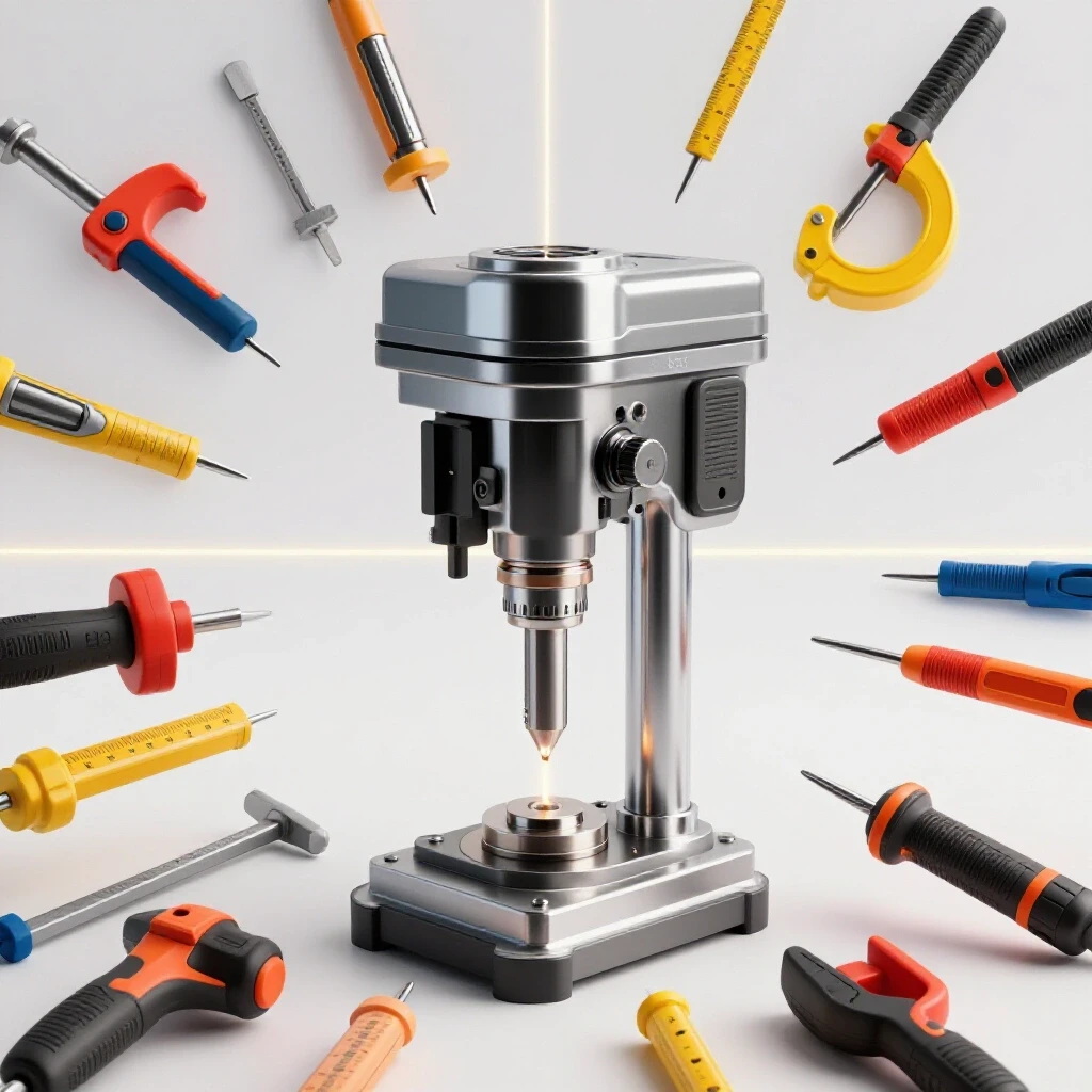 A magnetic drill press with surrounding tools, showcasing precision and alignment in a brightly lit studio setting.