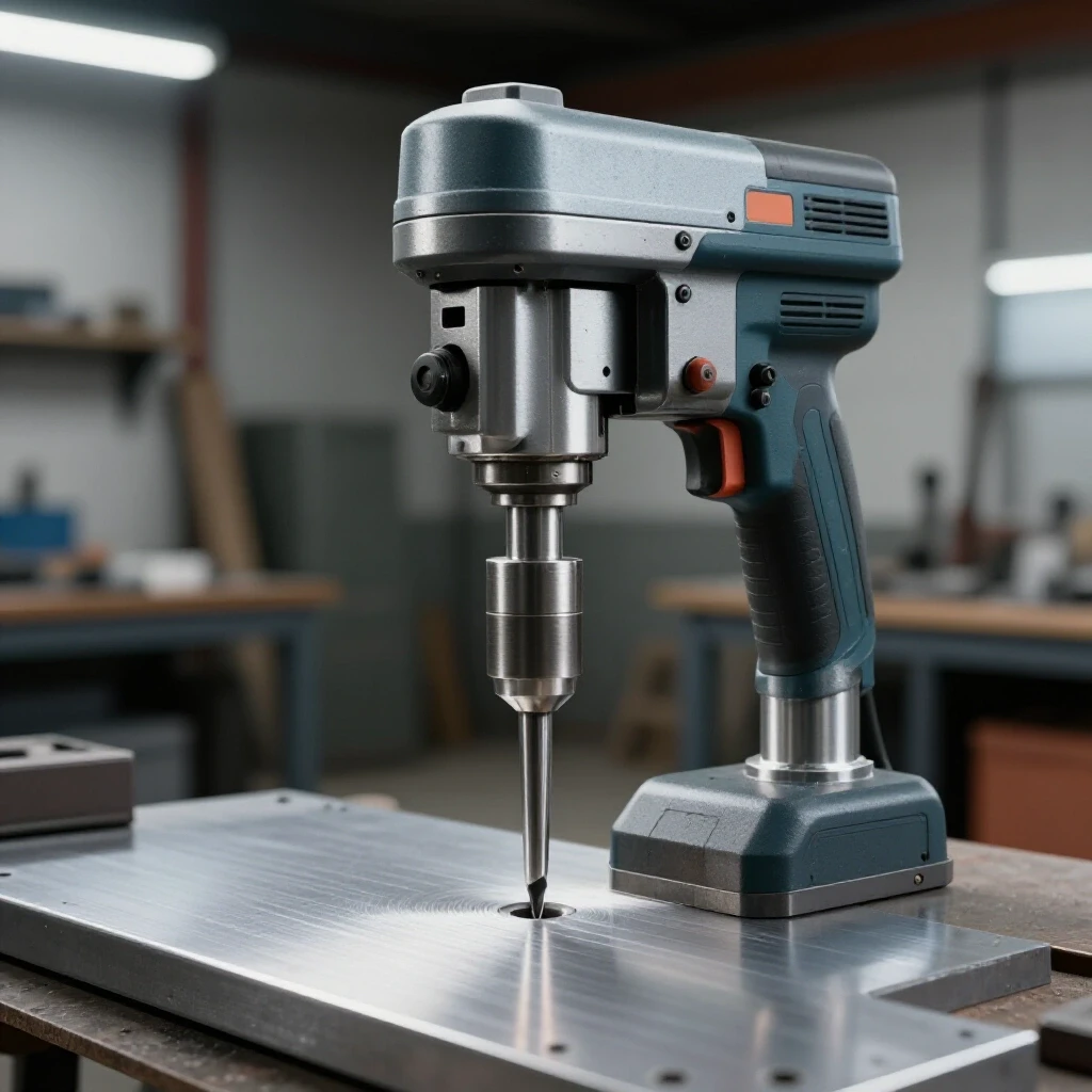 A magnetic drill press drilling a thick steel plate, showcasing high shine and depth in a workshop setting.
