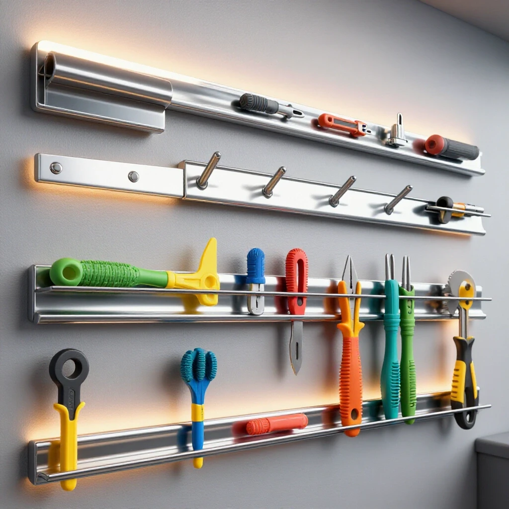 Colorful tools arranged on shiny magnetic strips against a well-lit industrial wall background.