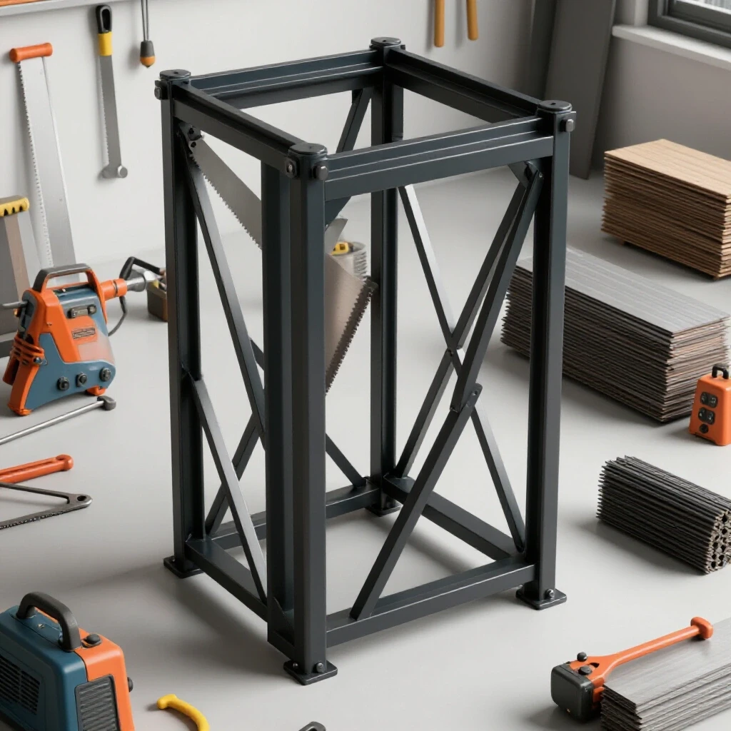 A richly colored metal structure surrounded by organized workshop tools and raw materials, highlighting efficient logistics in metal fabrication.