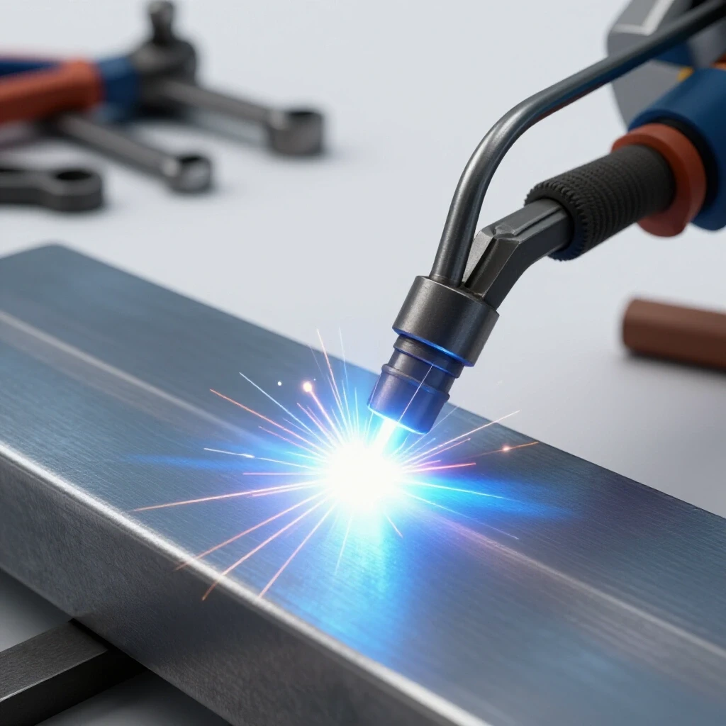 A bright welding scene showcasing an intense welding arc on alloy steel, surrounded by workshop tools.