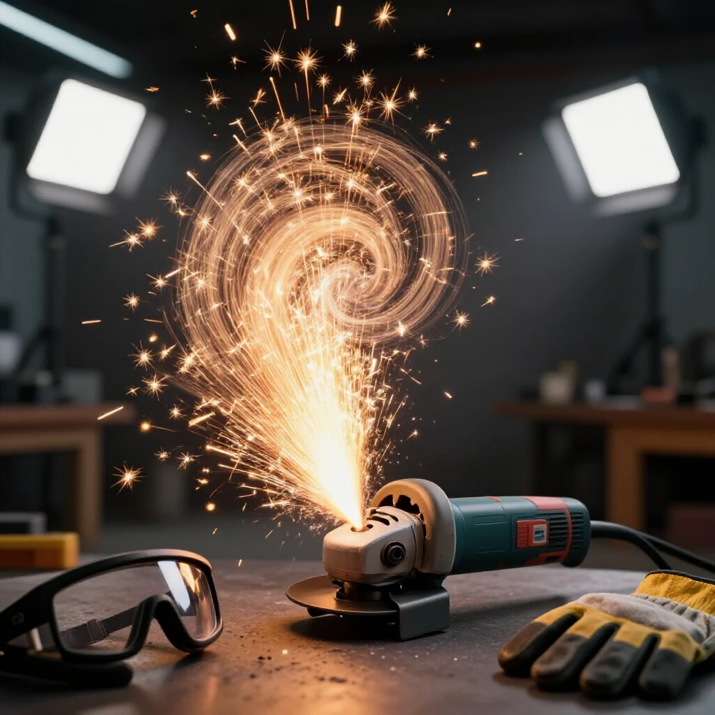 An angle grinder producing bright sparks with safety goggles and gloves in a workshop setting, emphasizing safety.