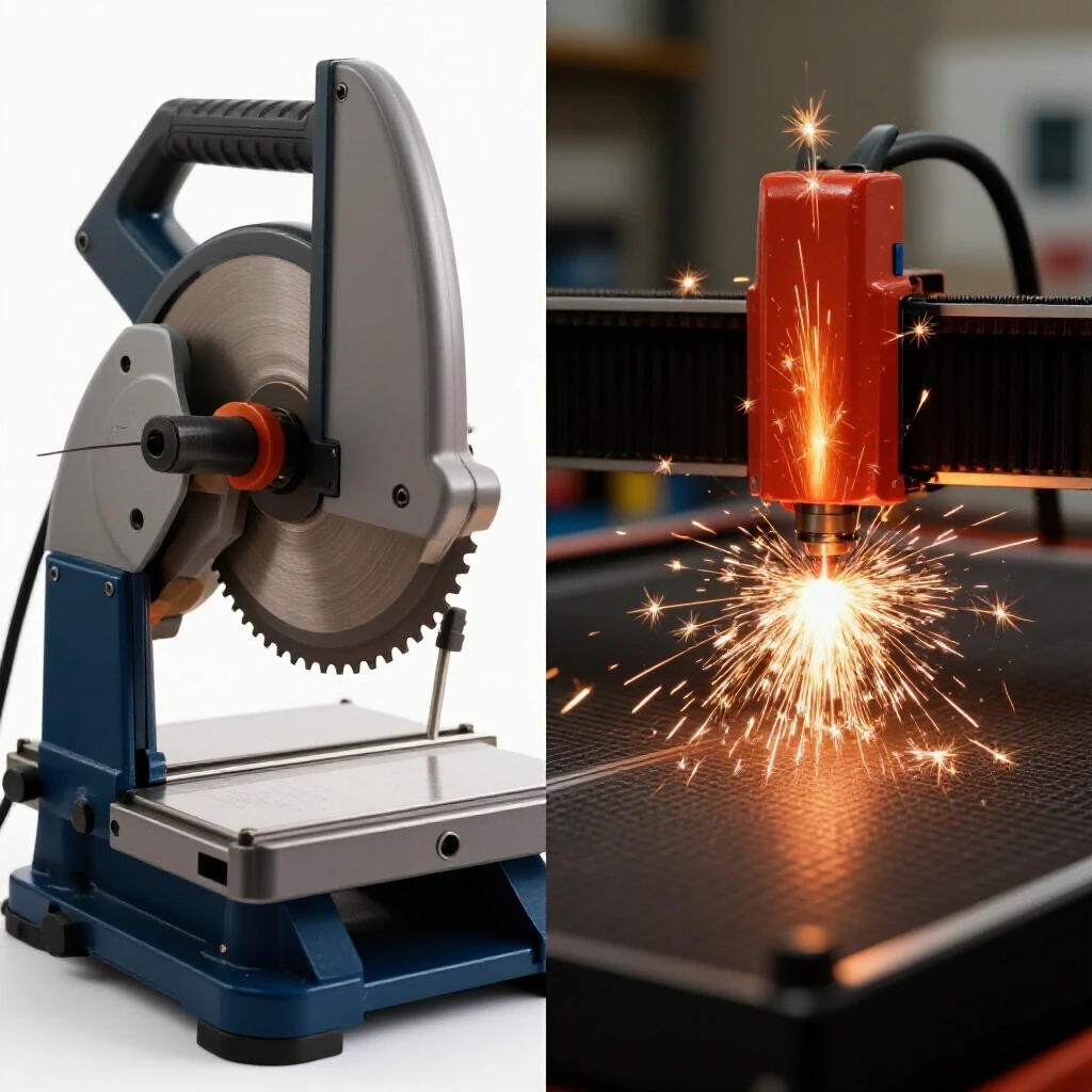 Comparison image of a manual bandsaw and CNC plasma cutter showcasing traditional and modern cutting methods.