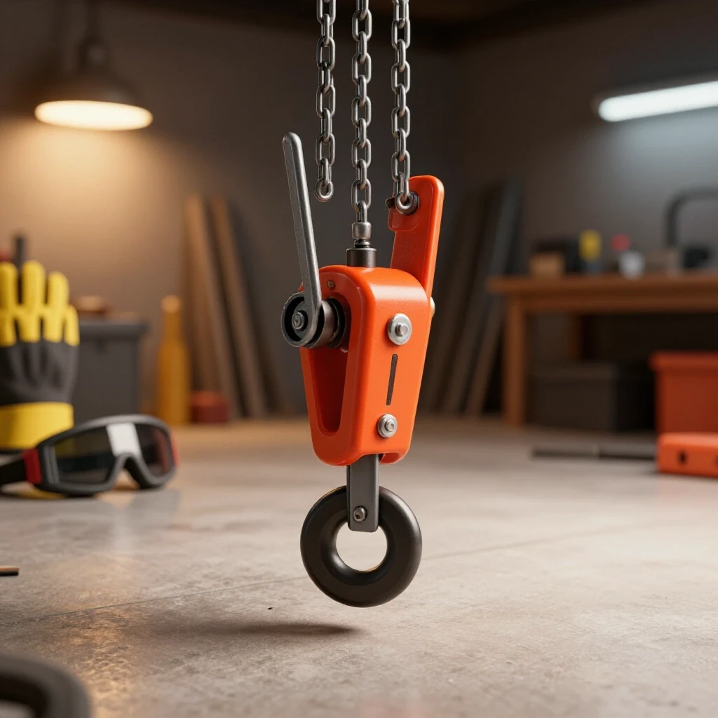 Close-up view of a manual chain hoist in action within a brightly lit workshop, highlighting nearby safety gloves and goggles.