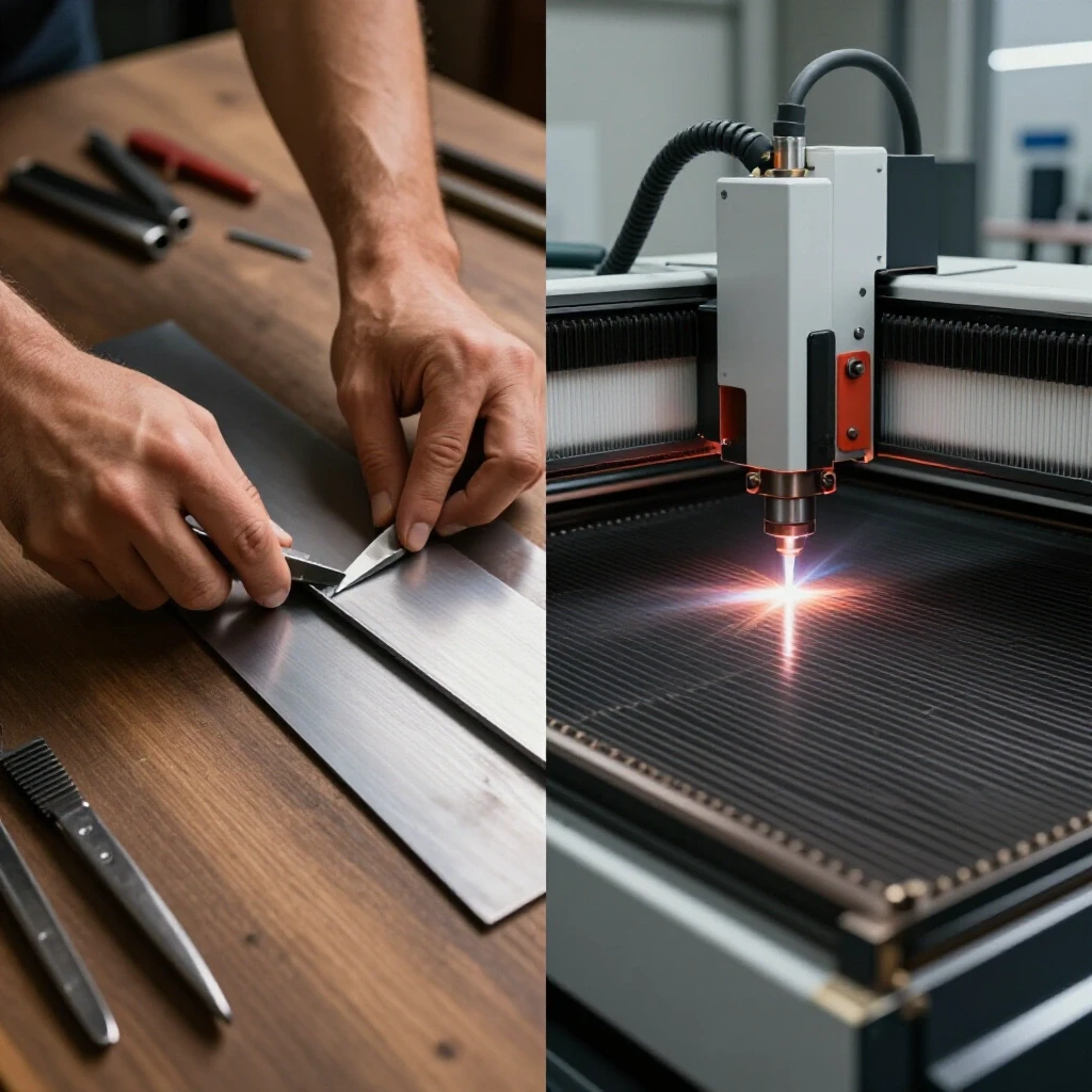 A split-image comparing manual metal prep with CNC plasma cutting, emphasizing contrasting techniques and colors.