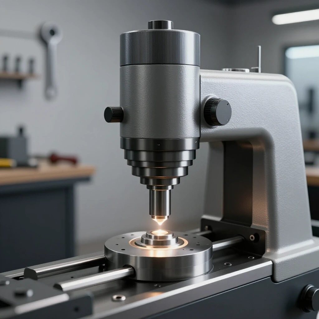 Close-up view of a manual milling machine highlighting spindle and table details against a bright tool background.