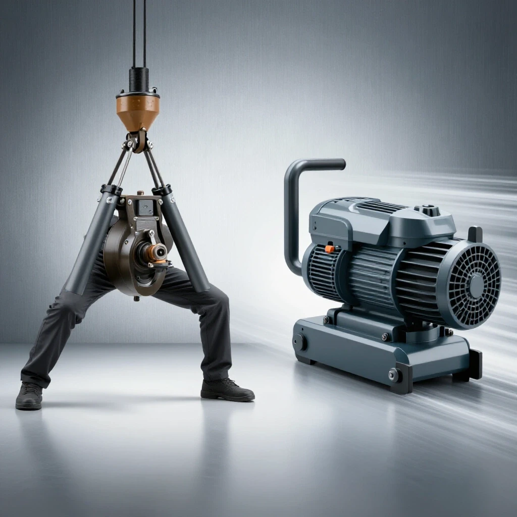 A visually engaging split-image featuring a manual hoist and a modern motorized hoist, highlighting their industrial capabilities.