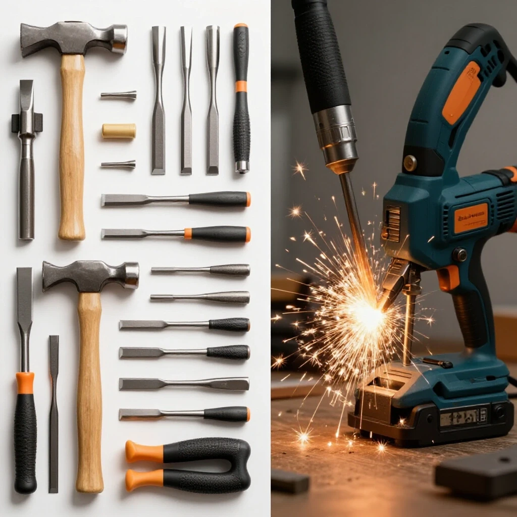 A striking visual comparison of manual tools like chisels and hammers versus power tools with sparks in a home shop setting.