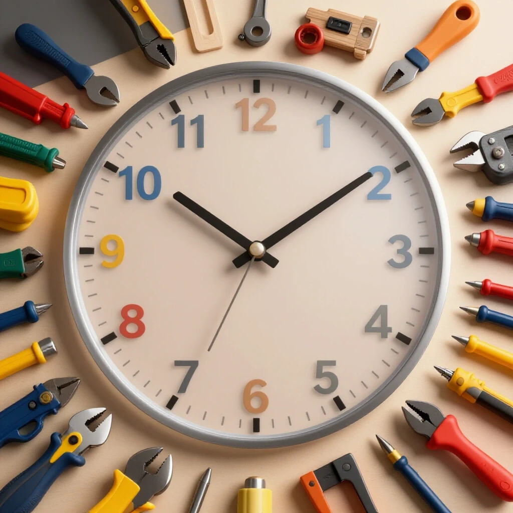 A well-lit workshop table filled with various tools and materials, featuring a transparent clock overlay showing process times.