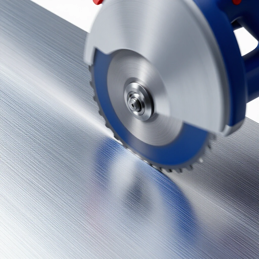 Close-up of a sparkling aluminum sheet being sliced by a saw blade, showcasing cutting techniques.