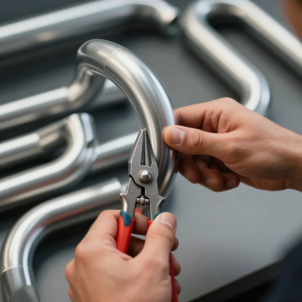 Artisan's hands bending shiny metal conduit with precision tools, surrounded by blurred bent conduits.