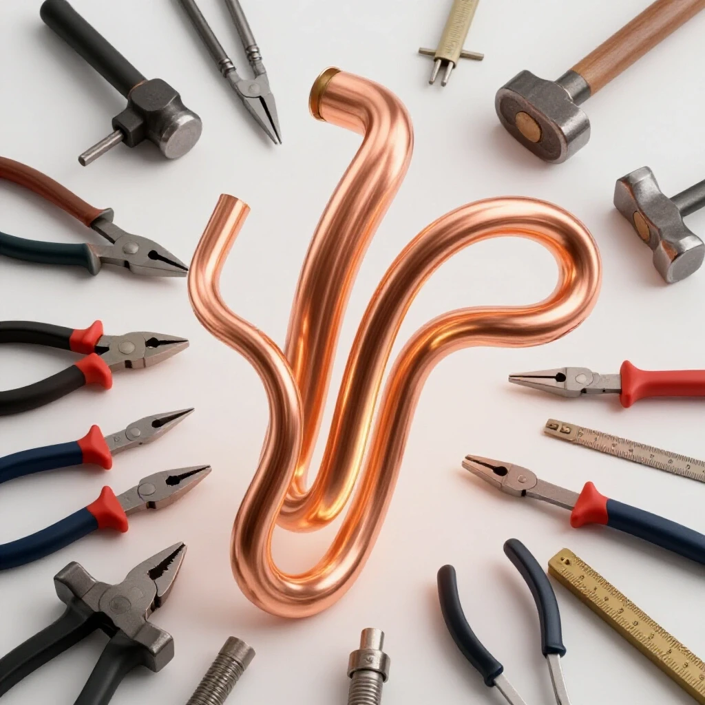 A vibrant composition of glowing copper pipes and essential metalworking tools illustrating copper bending techniques.