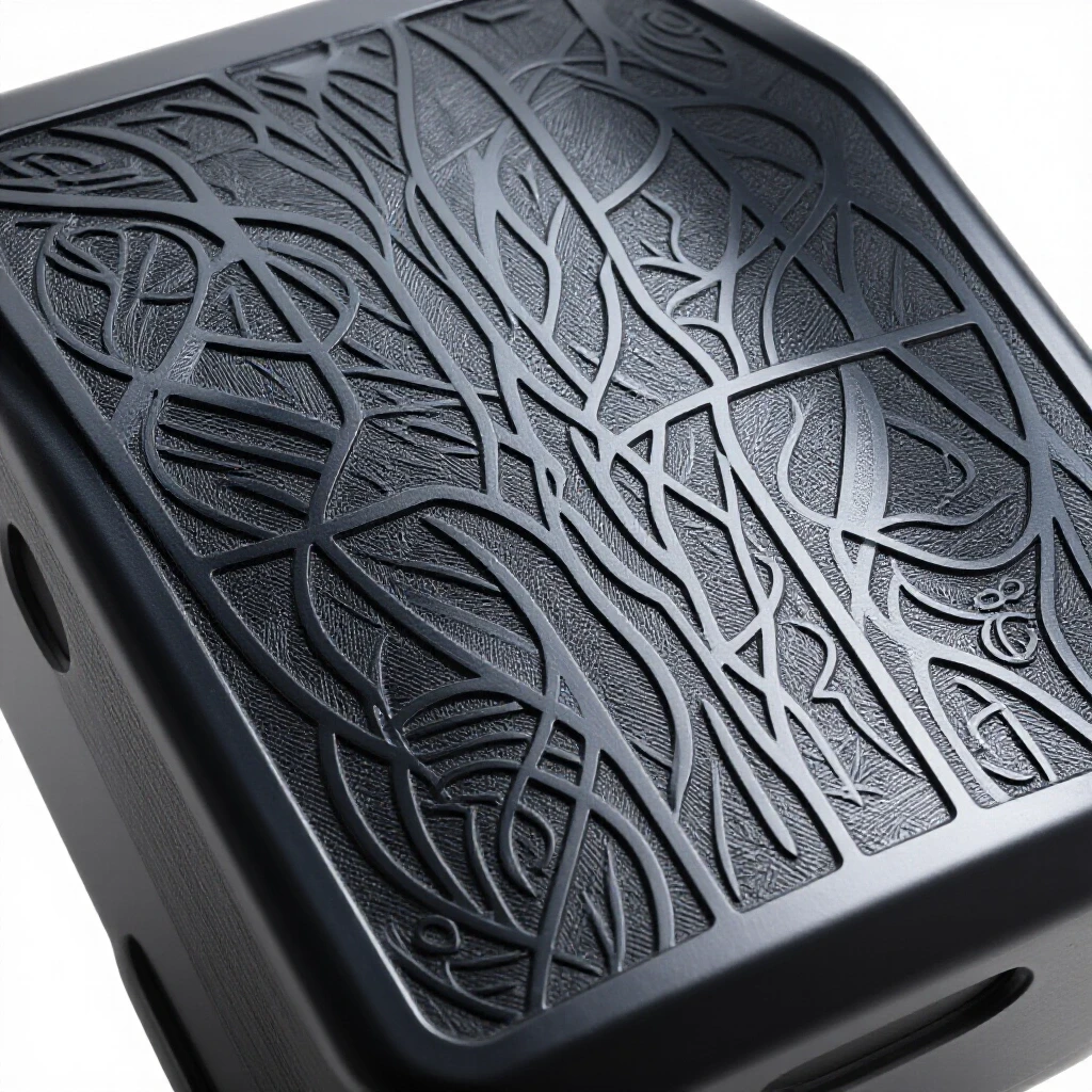 A sleek, powder-coated metal object with detailed laser engraving, showcasing intricate textures and vibrant colors against a bright background.
