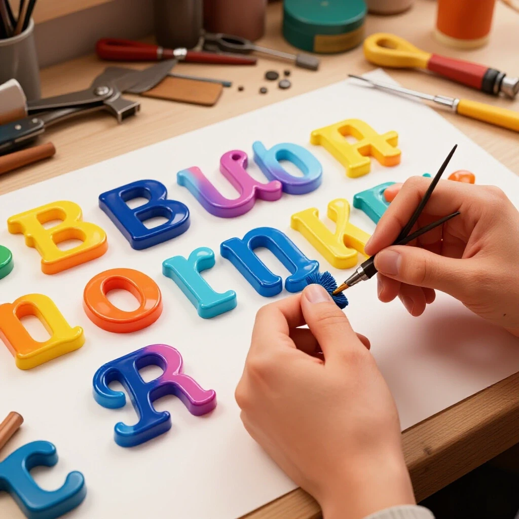 Artisan’s hands carving vibrant acrylic letters in a well-equipped workshop setting, highlighting craftsmanship.