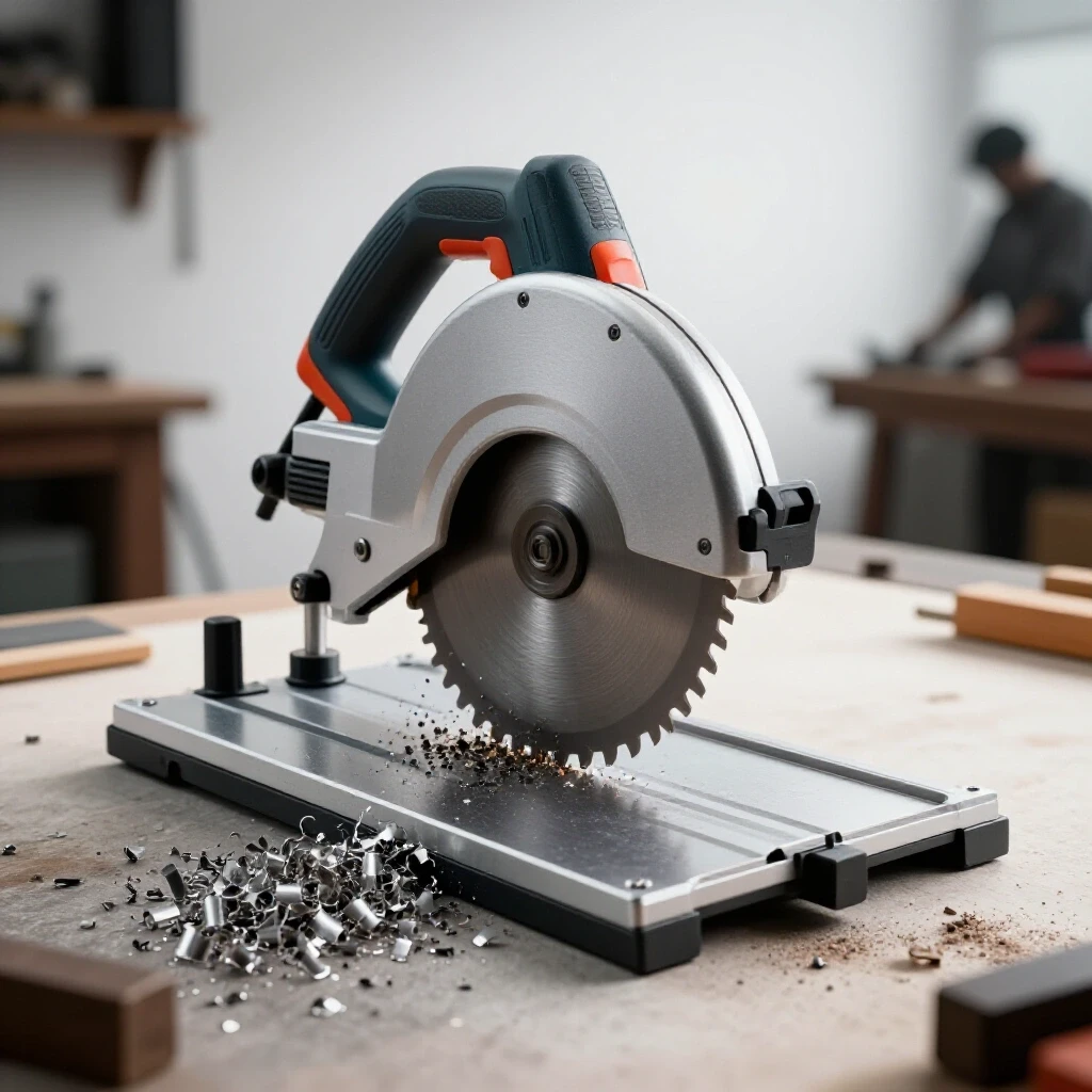 A miter saw with flying metal shavings, symbolizing mastery in metal cutting, set against a bright background.