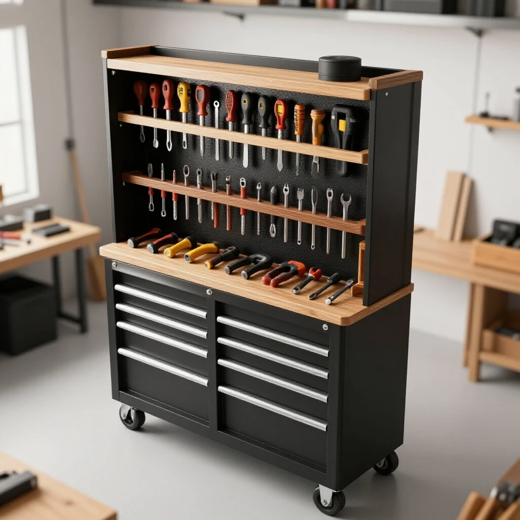 A compact workshop with a prominently displayed vertical tool storage system, featuring metal and wood textures.