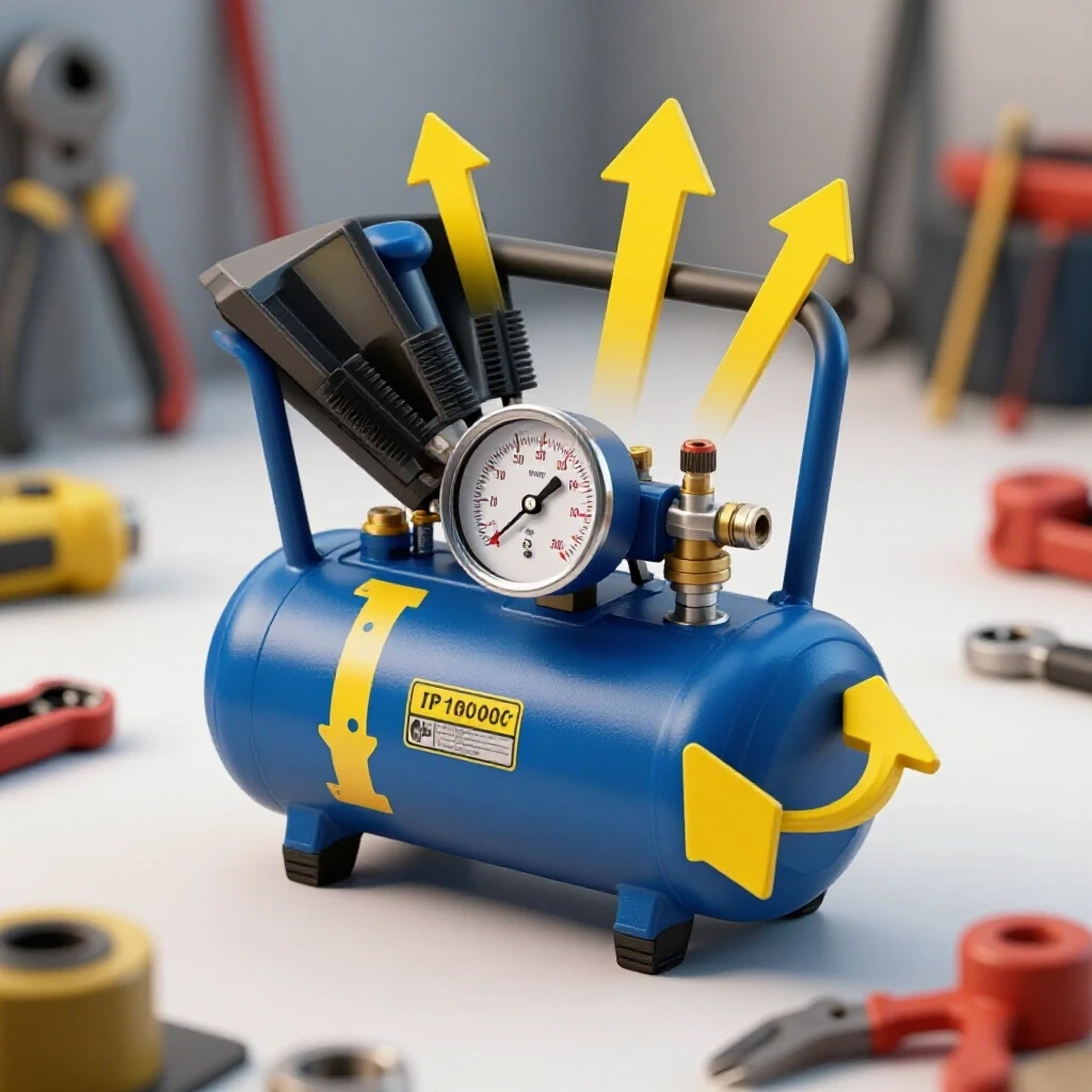 A vibrant air compressor with pressure gauge and rising pressure arrows, set against a backdrop of workshop tools.