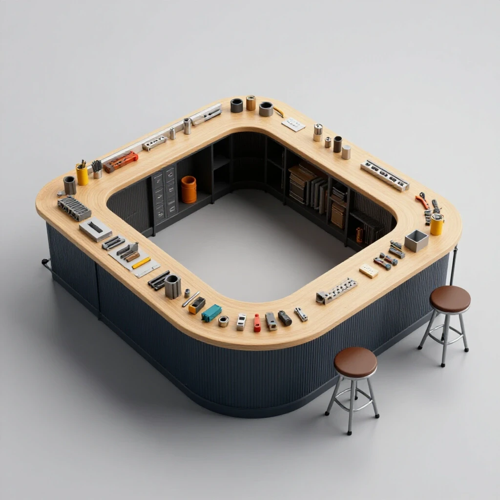 Overhead view of an L-shaped bar layout highlighting organization and tools for efficient design.
