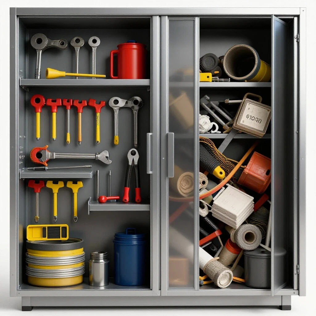 A visually striking 3D image of a metal cabinet showing contrasting organized and cluttered sides, enhancing space-saving techniques.