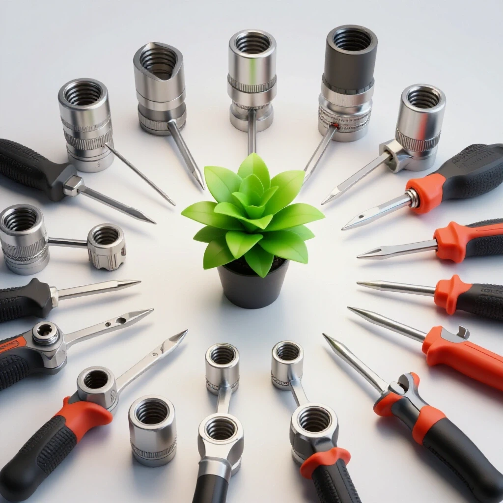 A modern workshop with metallic tools and a green plant emphasizes sustainability and efficiency in design.