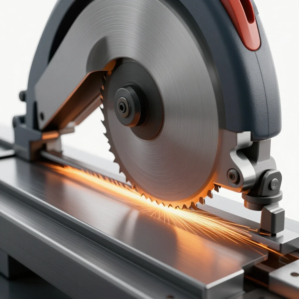 A metal bandsaw in action, showing a misaligned blade cutting precisely through a metal workpiece, emphasizing adjustment and precision.