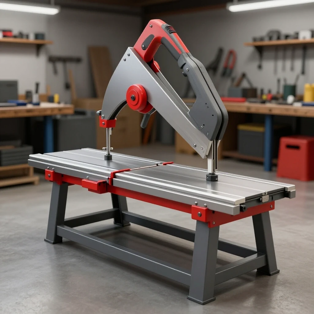 A sturdy and vibrant metal bandsaw stand showcased prominently against a workshop backdrop filled with tools, emphasizing stability.