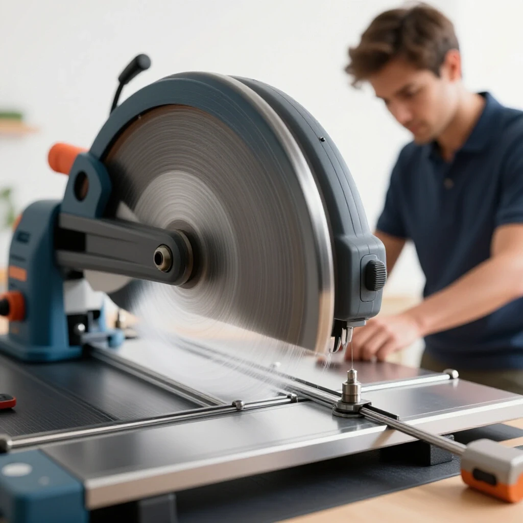 A close-up of a metal bandsaw in action with motion lines, split-screen showing vibration and a DIYer adjusting it.