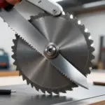 Close-up of a worn-out metal chop saw blade next to a shiny new blade in a workshop setting.