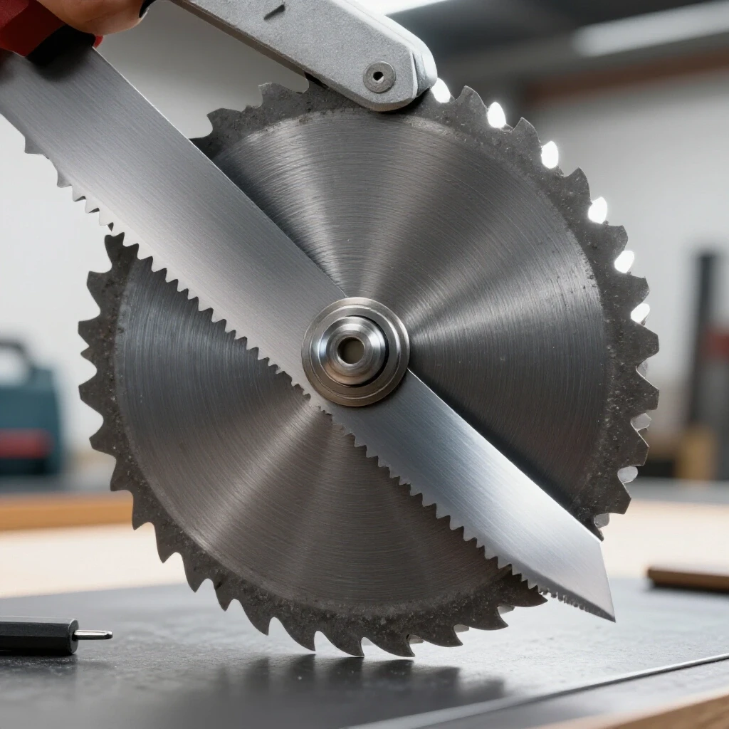 Close-up of a worn-out metal chop saw blade next to a shiny new blade in a workshop setting.