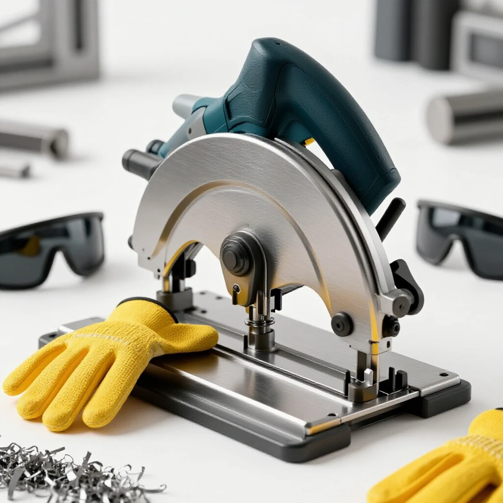 Close-up of a metal chop saw in operation, highlighting safety gear like gloves and goggles against a blurred backdrop of tools and shavings.