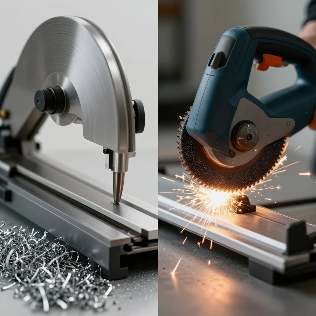 Comparison image of a metal cutting bandsaw and an abrasive chop saw, highlighting their contrasting features.