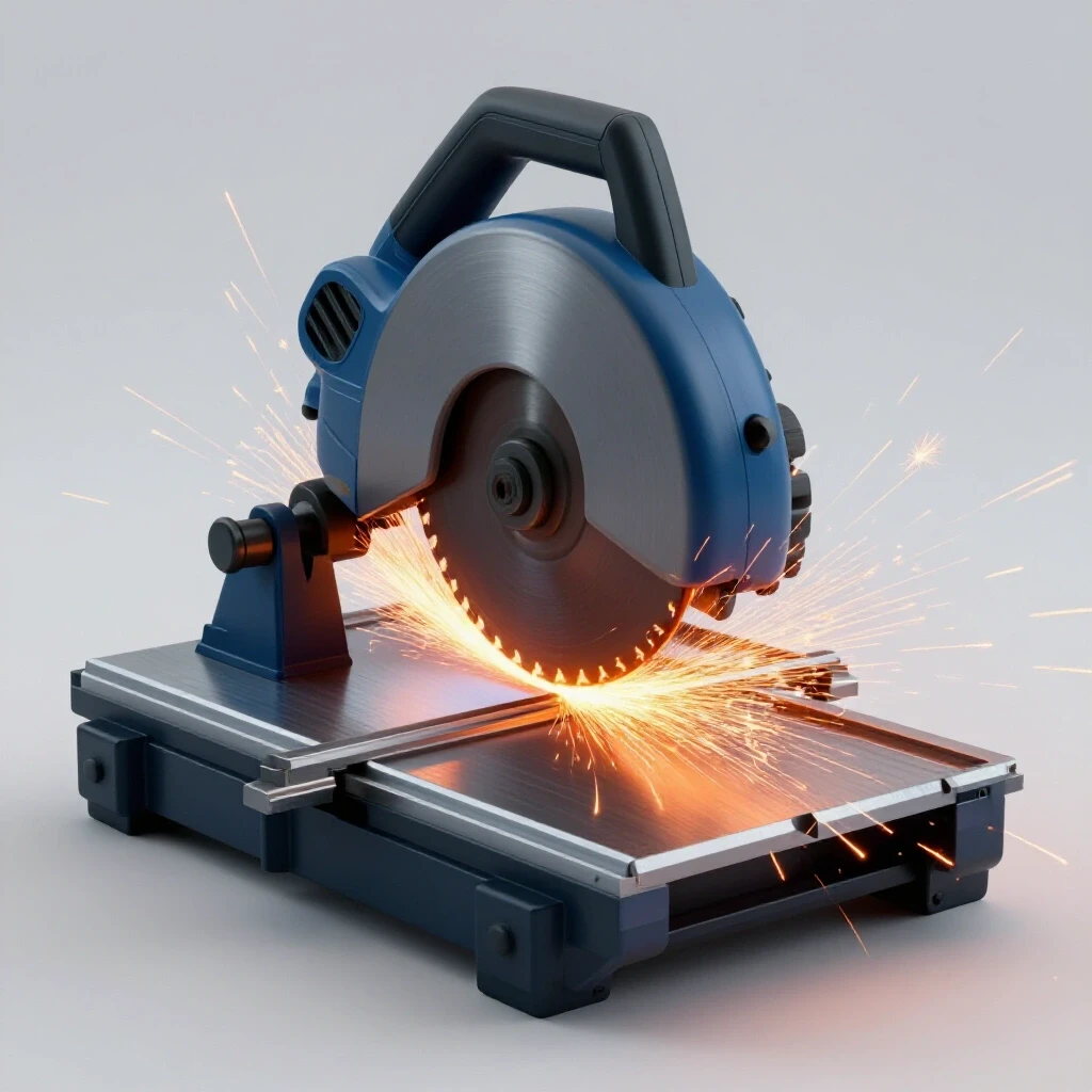 A bandsaw cuts through metal, with sparks flying, showcasing a dynamic metalworking scene.